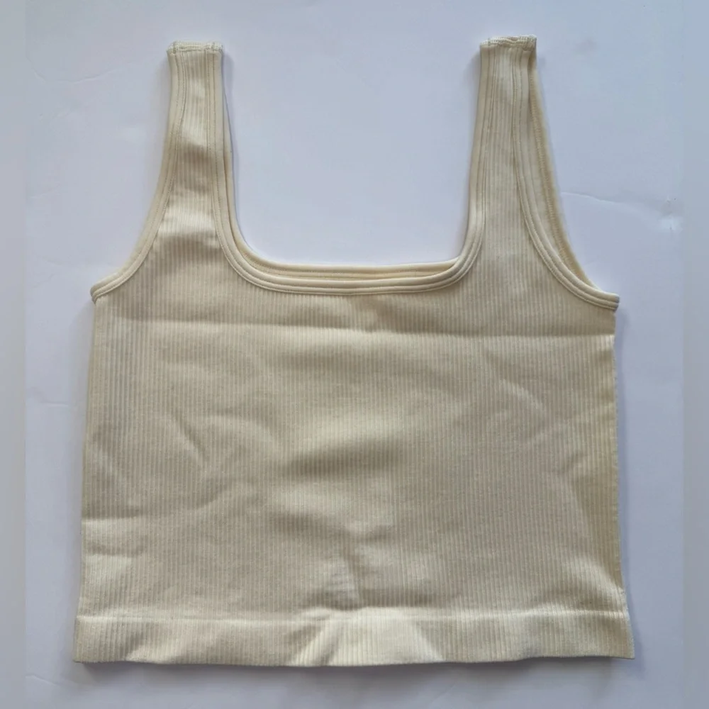 Ribbed Crop Tank Top Beige Scoop Neck Size S - Picture 2 of 5